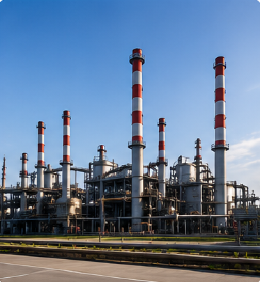 Industrial plant facility with tall smokestacks for industrial construction estimating services.