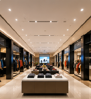 Modern retail clothing store interior with warm lighting for shop fitout estimating services.