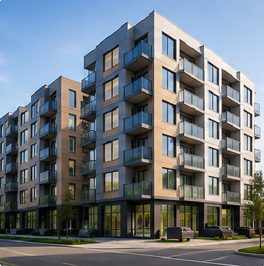 Modern multi-story residential building with glass balconies for residential construction estimating services.