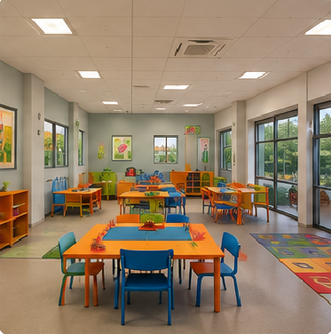 Childcare facility classroom with colorful tables and chairs for daycare construction estimating.