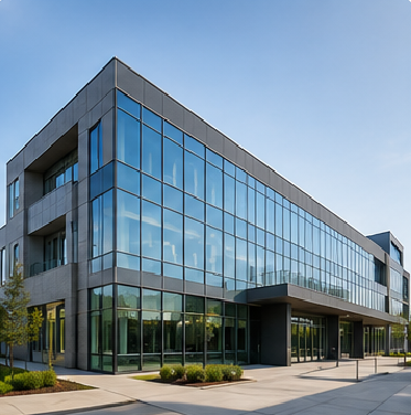 Modern commercial office building with glass facade for commercial estimating services.