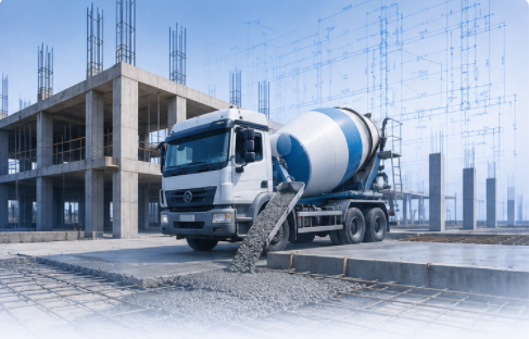 Concrete mixer truck pouring concrete at a construction site with a blueprint overlay for construction consulting services.