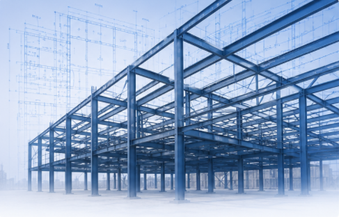 Steel frame building structure with a blueprint overlay for structural estimating services.