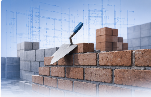 Brick wall construction with trowel and blueprint overlay for quantity takeoff services.