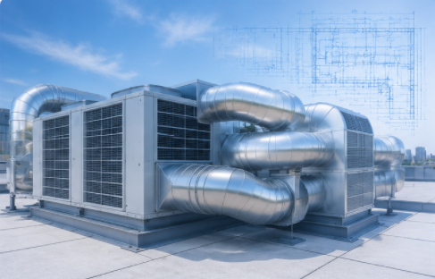 Rooftop HVAC unit with blueprint overlay for MEP estimating services.