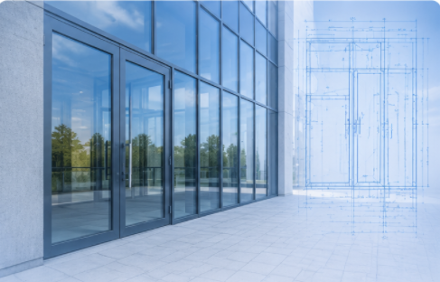 Modern glass storefront entrance with a blueprint overlay for tender estimating services.