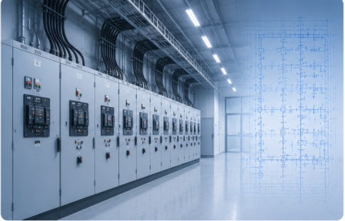 Industrial electrical control room with a blueprint overlay for MEP estimating services.