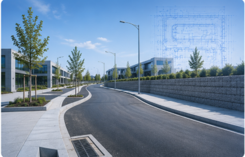 Modern commercial park street with a blueprint overlay for pre-construction planning.