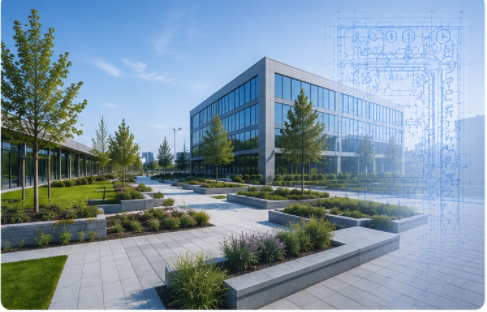 Modern commercial building with blueprint overlay for preliminary cost estimation.